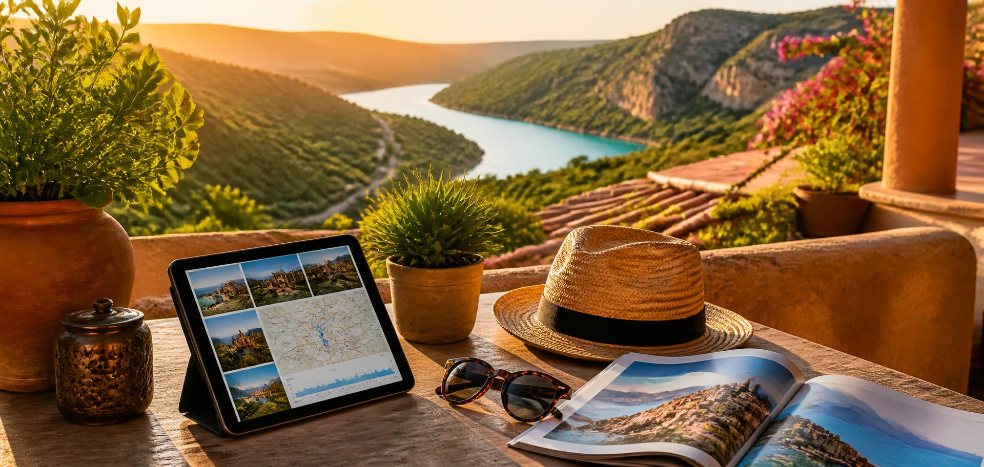 Terrace desk with a trip itinerary on a tablet overlooking a golden-hour valley
