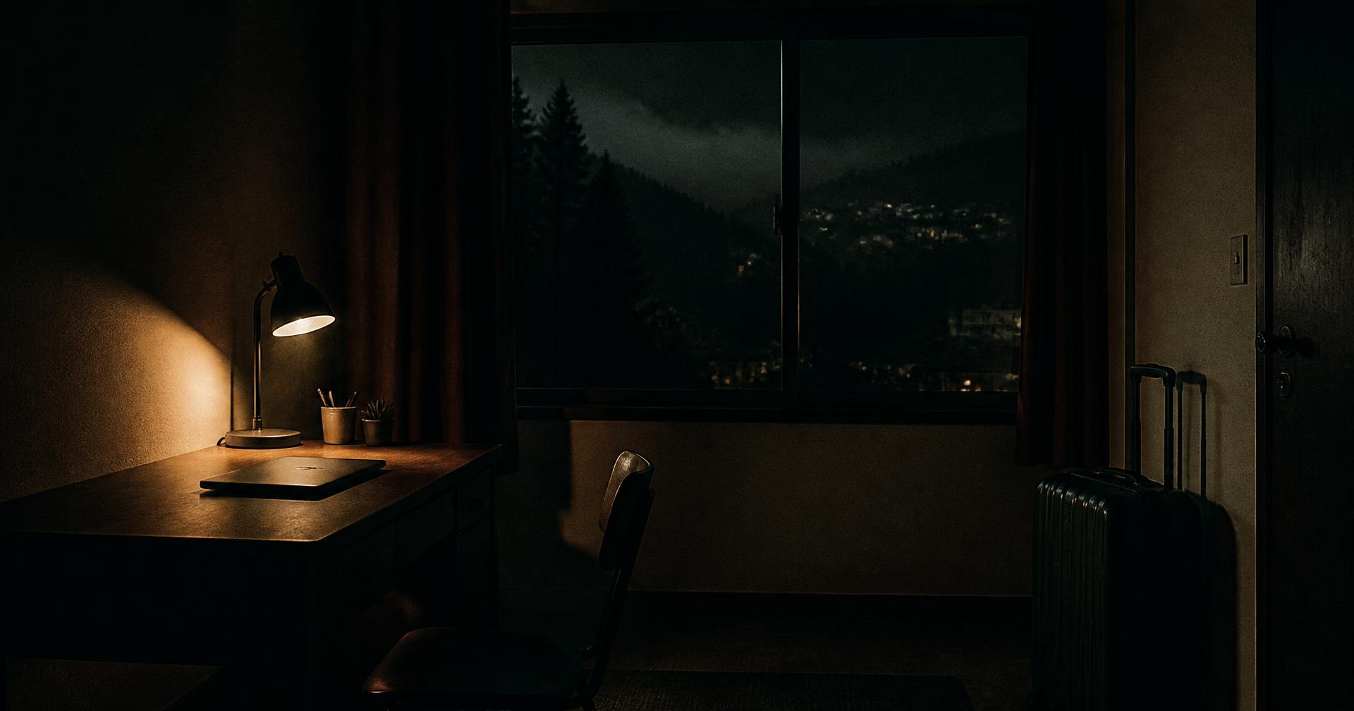 Rental apartment desk at night lit by a single lamp, packed suitcase by the door