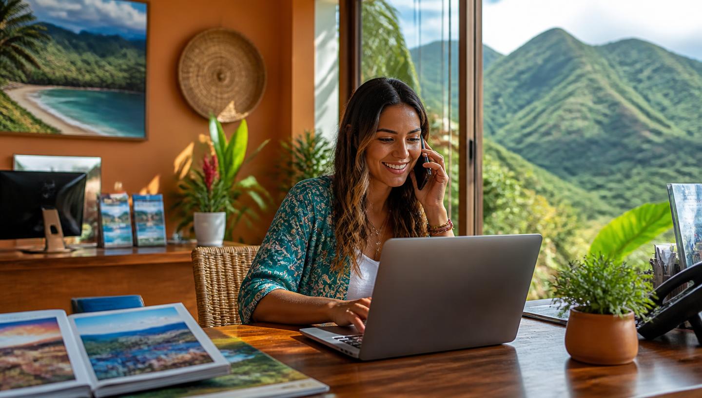 Travel agent replying to a booking inquiry from a sunlit agency desk