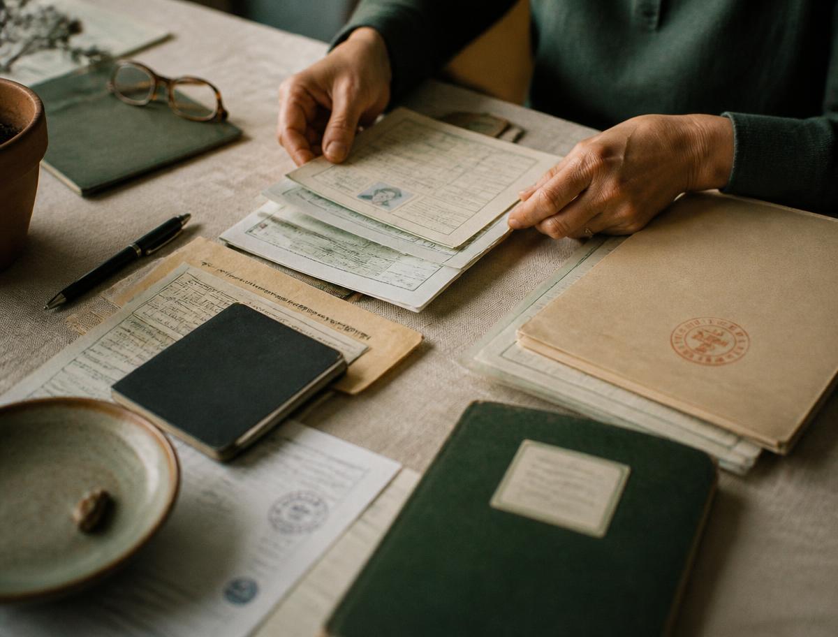 Hands sorting visa paperwork, residency forms and a passport on a linen desk