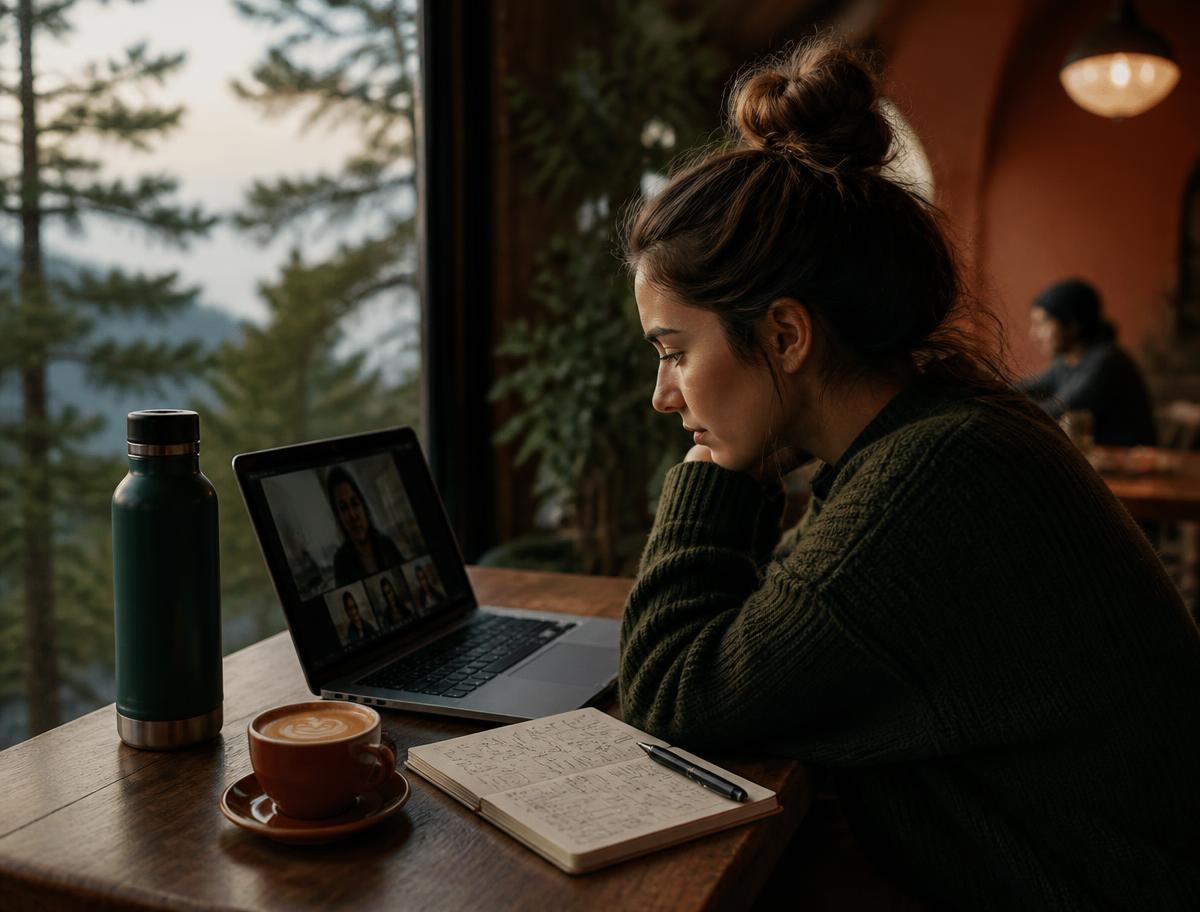 Remote worker on an early-morning video call at a cafe table with a time-zone notebook
