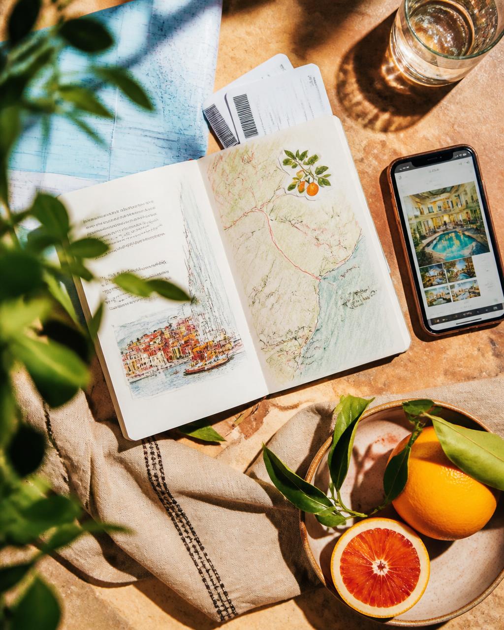 Overhead of a travel planner notebook, maps and boarding passes in sunlight