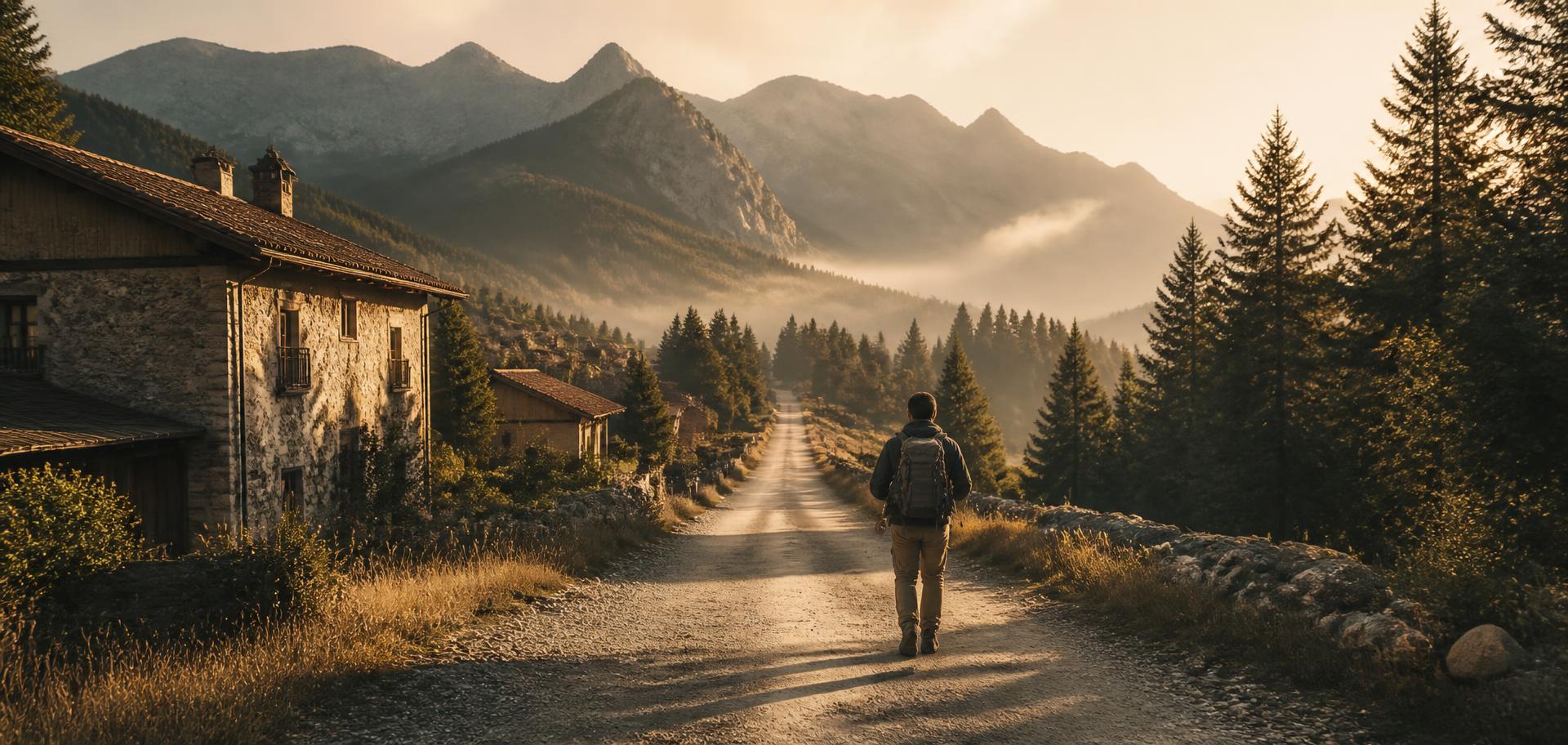 Traveler with a backpack walking a forest road out of a mountain village at golden hour