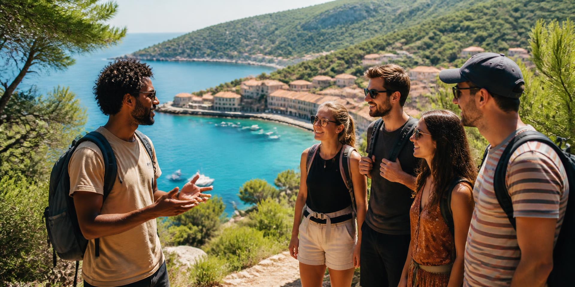 Guide briefing travellers on a sunlit coastal ridge above a turquoise bay